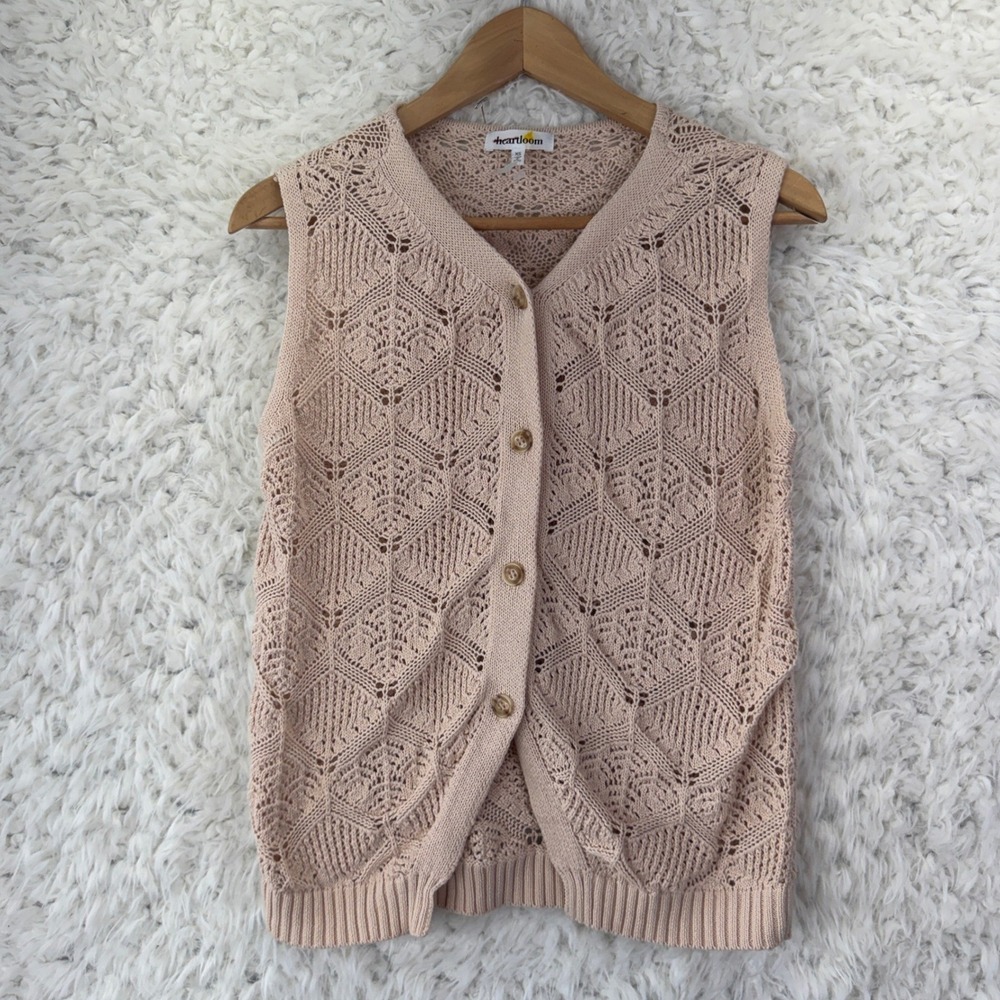 Heartloom Crochet Cardigan Vest XS Pink Boho Pointelle Button Up Knit Sweater